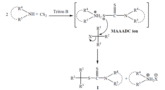 Triton-B catalyzed, efficient and solvent-free approach for the synthesis of dithiocarbamates By Zaidi et al. (2017)